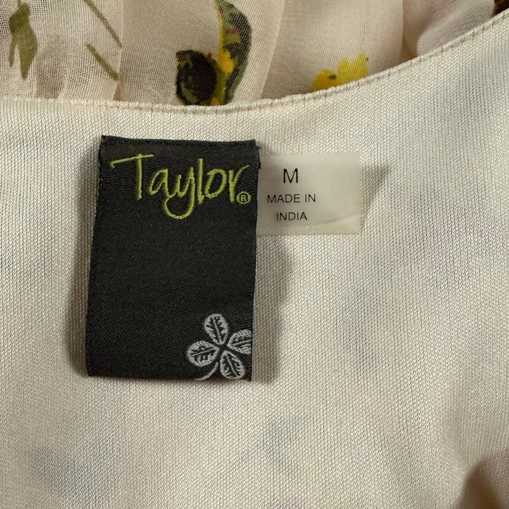 Taylor Floral Chiffon Tiered Mini Dress Cream Pink Smocked Waist Size M‎ - Picture 7 of 9